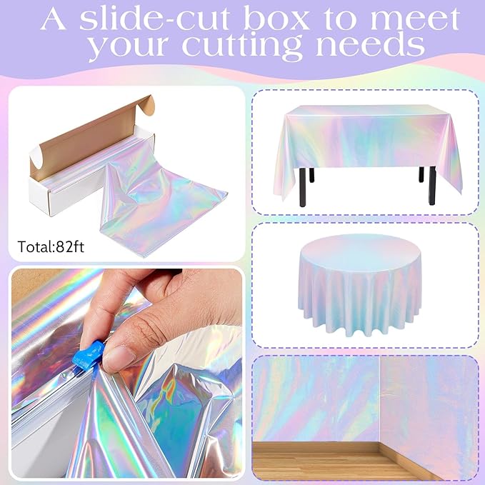 Preboun 82 ft x 54 Inch Iridescent Tablecloth Roll Disposable Plastic Laser Table Cover Holographic Wallpaper Backdrop for Mermaid Birthday Disco Wedding Bachelorette Party Decoration Supplies