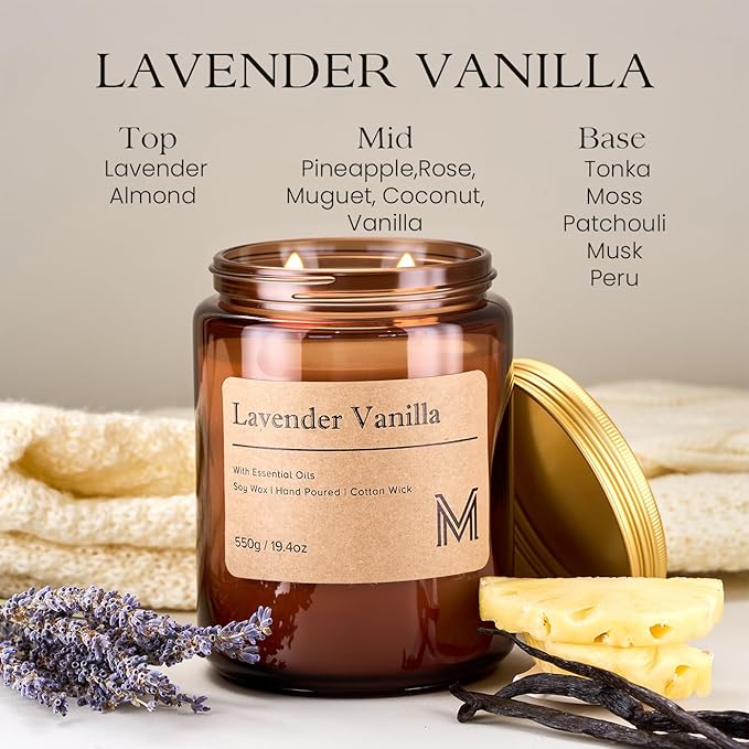 M&SENSE Lavender Vanilla Home Scented Candle | 19.4oz, 115-Hour Burn | Natural Organic Soy Wax | Long-Lasting for Stress Relief and Gifting | for Bedroom，Relaxing SPA，Office