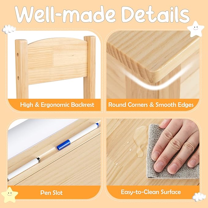 Costzon Kids Table and Chair Set, Flip Top Kids Art Craft Table w/Chair for Playroom Kindergarten, Toddler Drawing Writing Desk Set w/Paper Roll & 2 Markers, Gift for Boys Girls Ages 3+ (Natural)