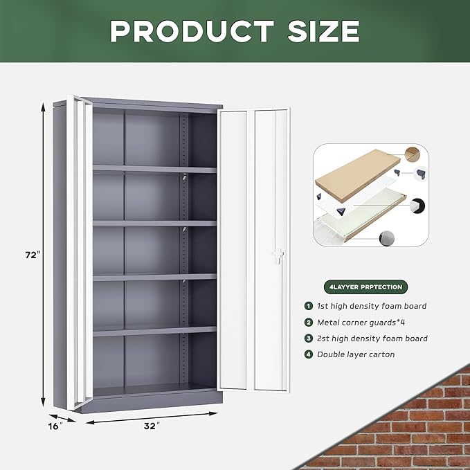 Greenvelly Metal Garage Storage Cabinet, 72”Locking Steel Storage Cabinet with 2 Doors and 4 Adjustable Shelves for Home Office,School,File(Gray White)