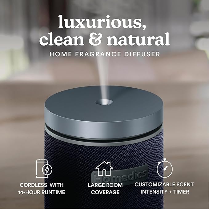 Homedics SereneScent Fabric Rechargeable Waterless Diffuser, Use with Homedics SereneScent Oil 120ml (Sold Separately) Cordless Aromatherapy, Adjustable Mist & Timer, 6 Calming Lights, Future Dusk