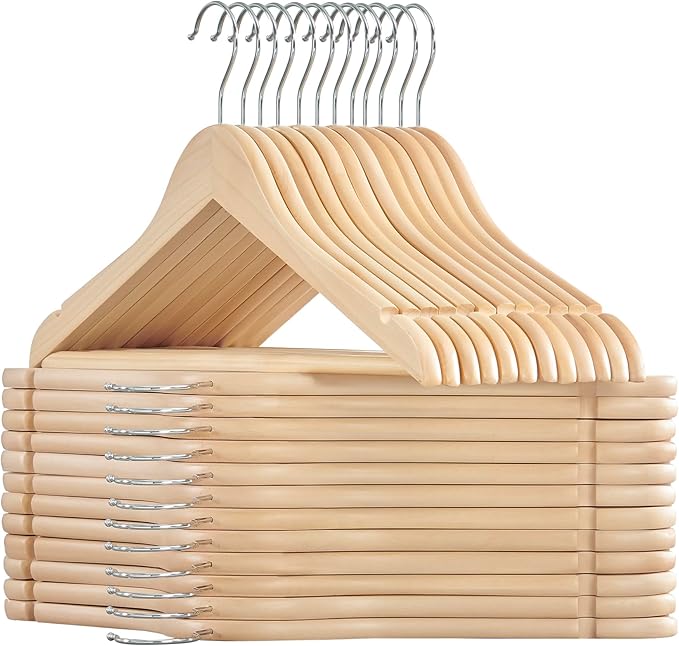 SONGMICS Wooden Hangers, Pack of 24, Coat Hangers, Non-Slip, Pants Bar, 360° Swivel Hooks, for Jackets, Shirts, Coats, Natural Beige UCRW010N24