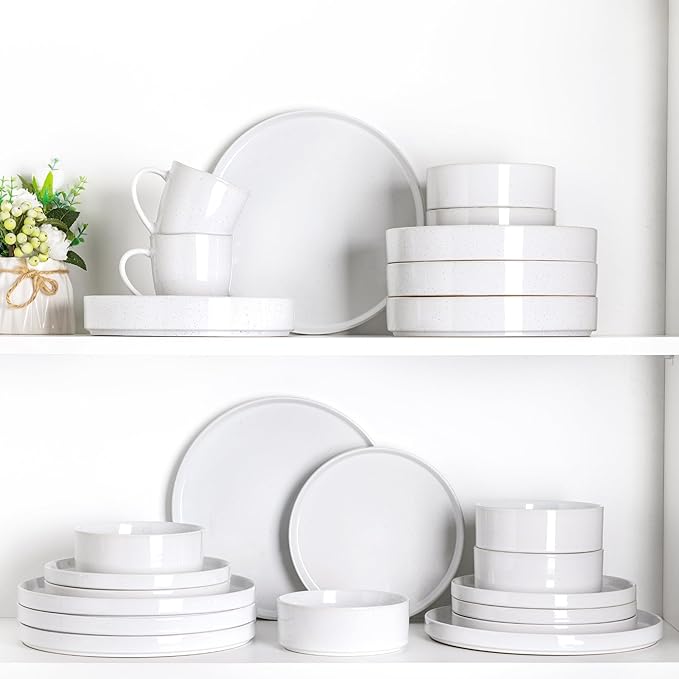 Dinnerware Set for 8, GBhome 24 Piece Speckled Plates and Bowls Set with Glazed Bottom, Chip and Scratch Resistant Stoneware Plates Sets, Dishwasher & Microwave Safe Dishes, White