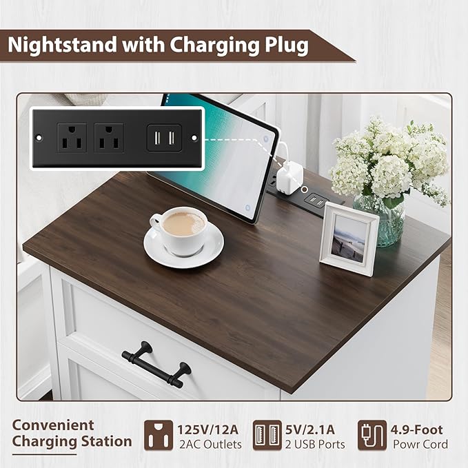 Farmhouse Nightstand with Charging Station, White Wood Bedside Table & End Table with 3 Drawers and Unique Base Design, Side Table Storage Cabinet with Metal Handles for Bedroom, Living Room