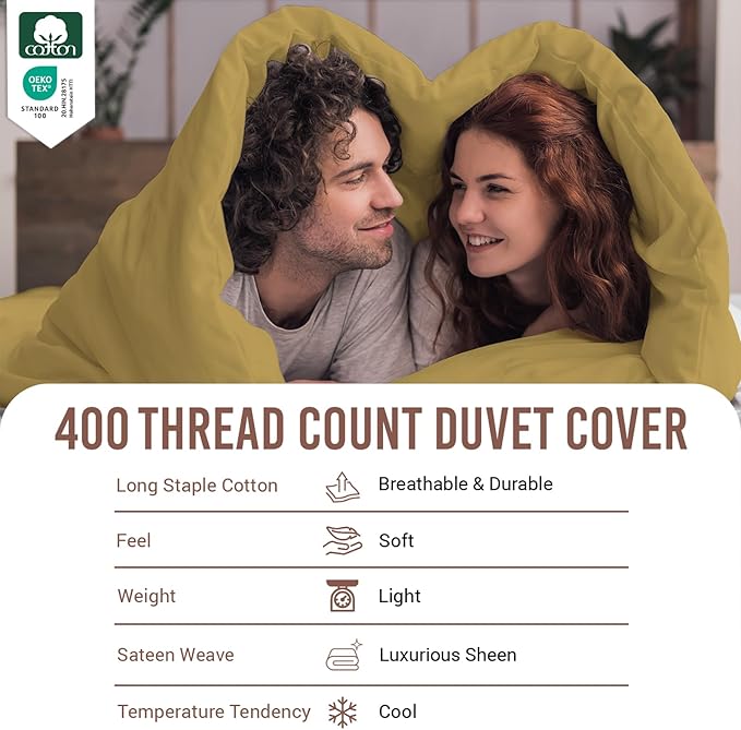 Pizuna Pure 100% Cotton Queen Duvet Cover Set, Luxurious 400 Thread Count Long Staple Cotton Sateen Weave with Button Closure (Combed Mustard Gold Cotton Duvet Cover Queen)