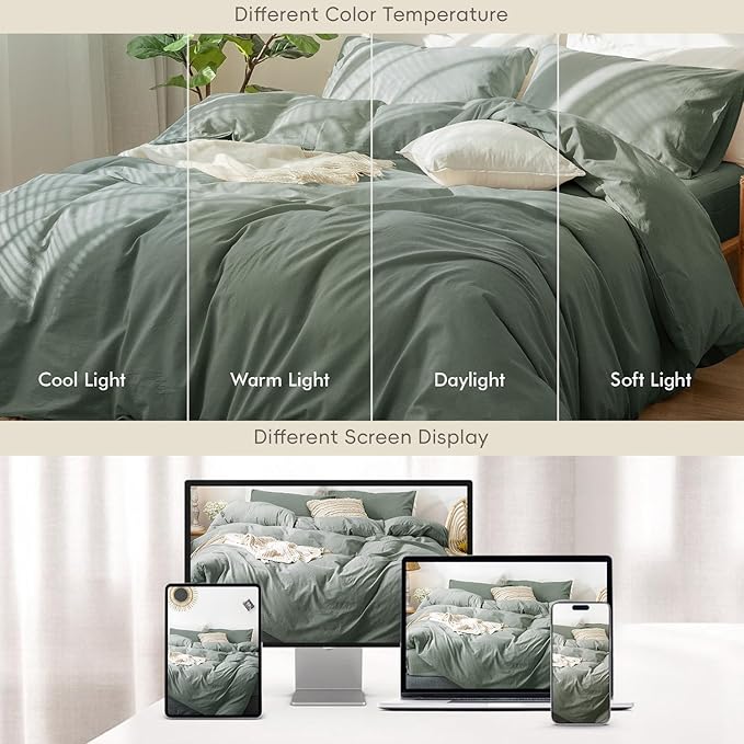 MooMee Bedding Duvet Cover Set 100% Washed Cotton Linen Like Textured Breathable Durable Soft Comfy (Heathered Green, Palatial King/Oversized King 120"x98")