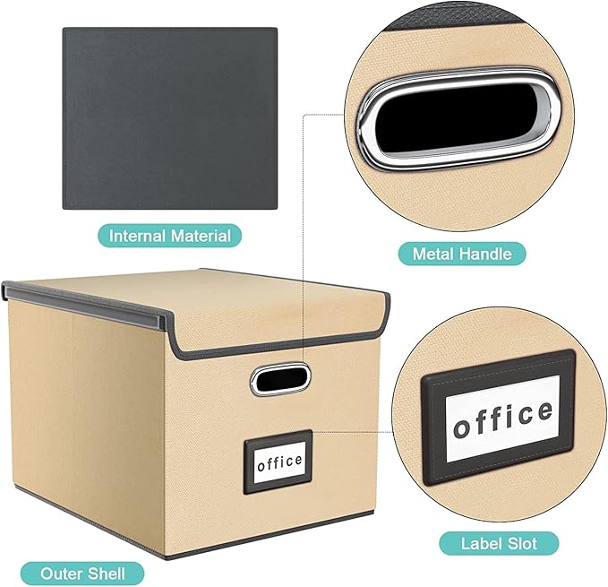 Huolewa File Organizer Box with Lid, Collapsible File Folder Organizer for Office Document Storage, Filing Box with Plastic Slide for Letter/Legal Size Hanging Files, Brown, 2 Pack