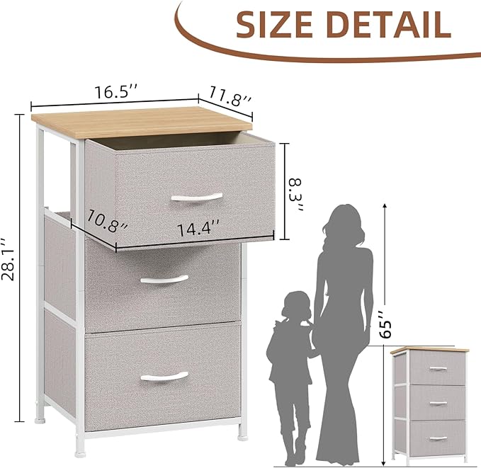 Somdot Small Dresser for Bedroom with 3 Drawers, Nightstand Storage Chest of Drawers with Removable Fabric Bins for Closet Bedside Living Room Laundry Entryway Hallway, Ash Grey