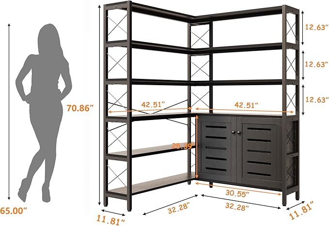 Corner Bookshelves and Bookcases Industrial Corner Etagere Bookcase L Shaped Shelf 6 Tiers with Metal Frame for Living Room Home Office