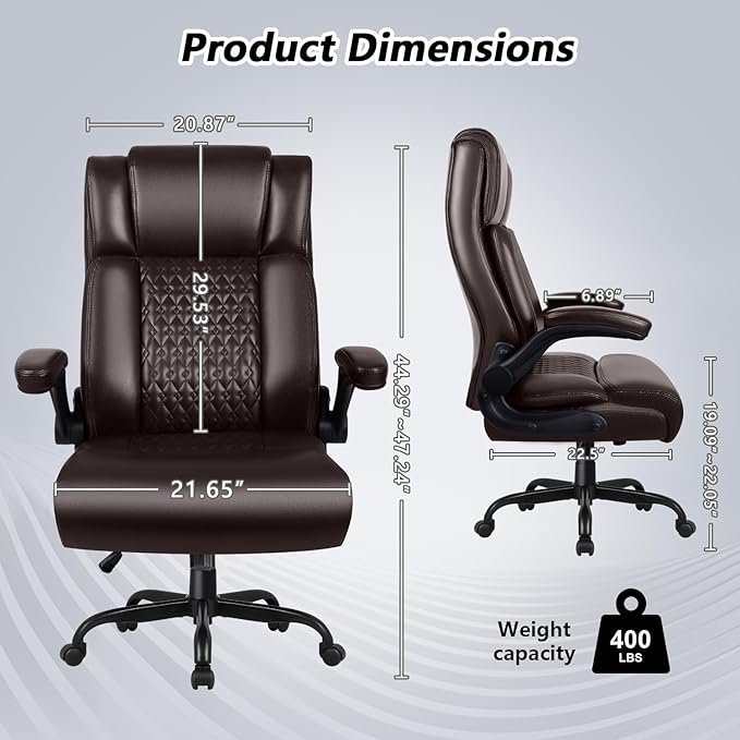 Ergonomic Leather Office Chair Desk Computer Chair, Comfortable High Back Office Chair with Adjustable Flip-up Armrest, Brown Executive Leather Office Desk Chair with Lumbar Support