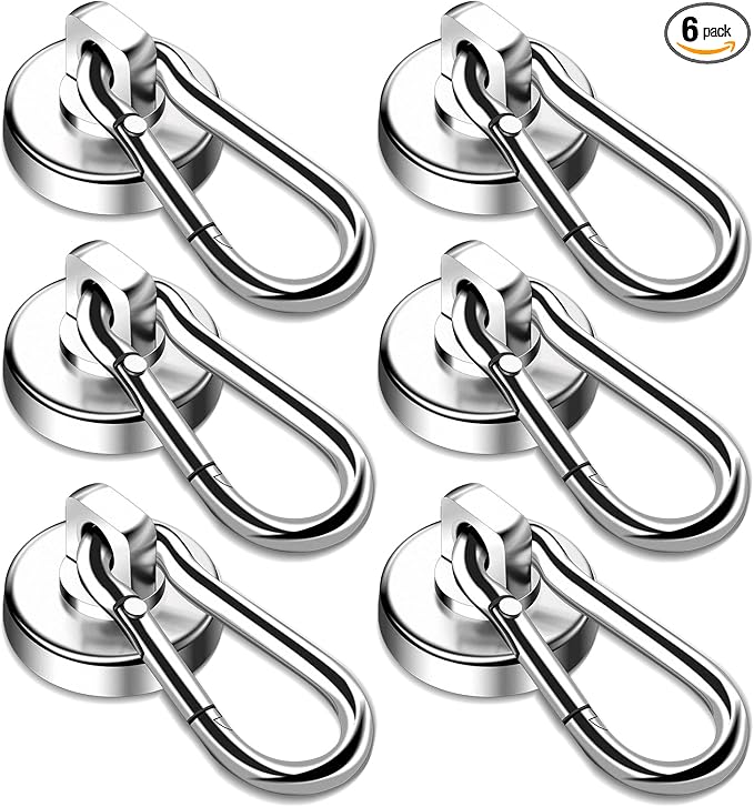 DIYMAG Magnetic Hooks,Heavy Duty Neodymium Magnetic Hooks with Swivel Carabiner Hook,Great for Your Refrigerator and Other Magnetic Surfaces,Pack of 6