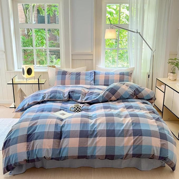 FACE TWO FACE Bedding Duvet Cover Set100% Washed Cotton Duvet Cover Linen Like Textured Breathable Durable Soft Comfy (Queen, Cardamom Blue Grid)