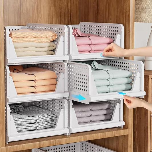 SNSLXH 5 Pack Stackable Closet Storage Basket, Multifunctional & Foldable Closet Organizer for Bathroom Kitchen Laundry Room Wardrobe Storage, Space-Saving Clothes Storage Drawer Organizer, White