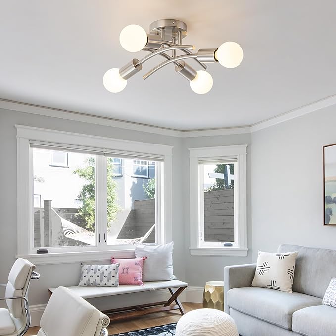WILON Semi Flush Mount Ceiling Light Fixture, Modern Flush Mount Ceiling Lights, Brushed Nickel 4-Light Sputnik Ceiling Light Fixture with E26 Bulb Base for Hallway Farmhouse Kitchen Bedroom