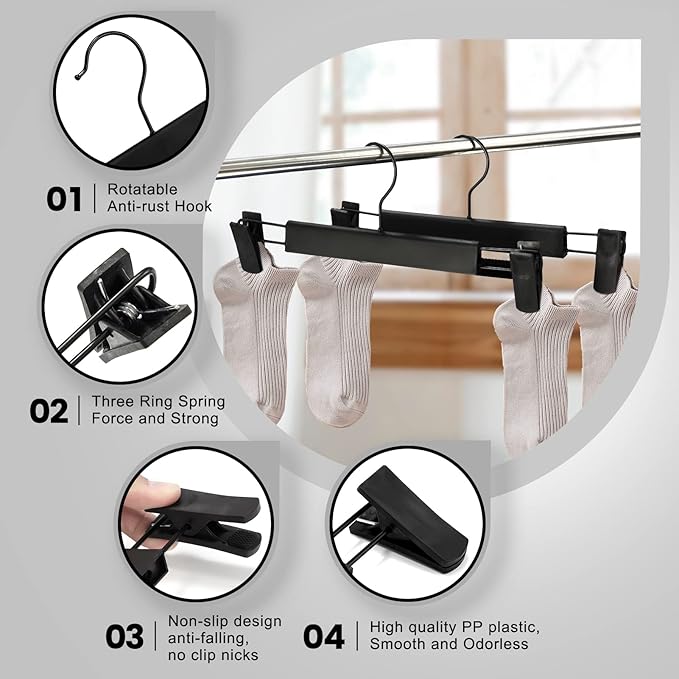 10 Pack Pants Hangers with Adjustable Non-Slip Clips Anti-Rust Hanging Hook for Trouser,Skirts,Jeans,Clothes Hangers Black