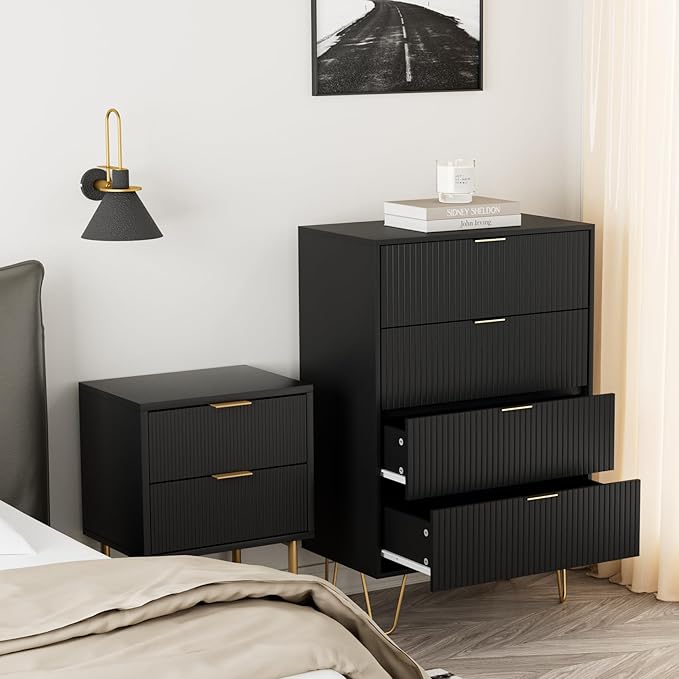 Masupu 4 Drawer Dresser, Drawer Chest, Tall Storage Chest Cabinet Organizer Unit with Metal Legs, Small Dresser for Bedroom, Living Room, Closet, Hallway Black Stripe