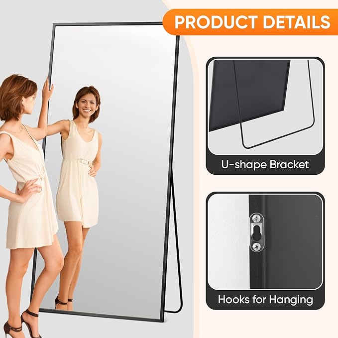 Suidia Full Length Mirror, 58"x21" Floor Standing Mirror Freestanding, Full Body Mirrors with Stand for Bedroom, Hanging Mounted for Living Room Cloakroom, Black, Rectangular Style