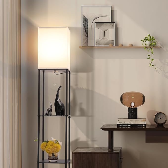 Floor Lamp with Shelves, Modern Square Standing Lamp with 3-Color Remote Control Dimming Bulb, Corner Display Bookshelf Lamp for Living Room, Bedroom and Office (black-9YK)