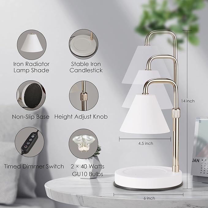 Candle Warmer Lamp with Timer,Adjustable Height Dimmable Candle Lamp,Electric Candle Warmer Lamp with 2 Bulbs,Candle Wax Warmer Compatible with Large Jar Candles,Gifts for Mom,White