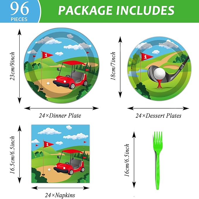 Wiooffen 96 Pcs Golf Plates and Napkins Golf Birthday Party Decorations Golf Party Supplies Golf Paper Plates Tablewares Set Golf Birthday Themed Balloons Sports Party Favors for Kids Serves 24