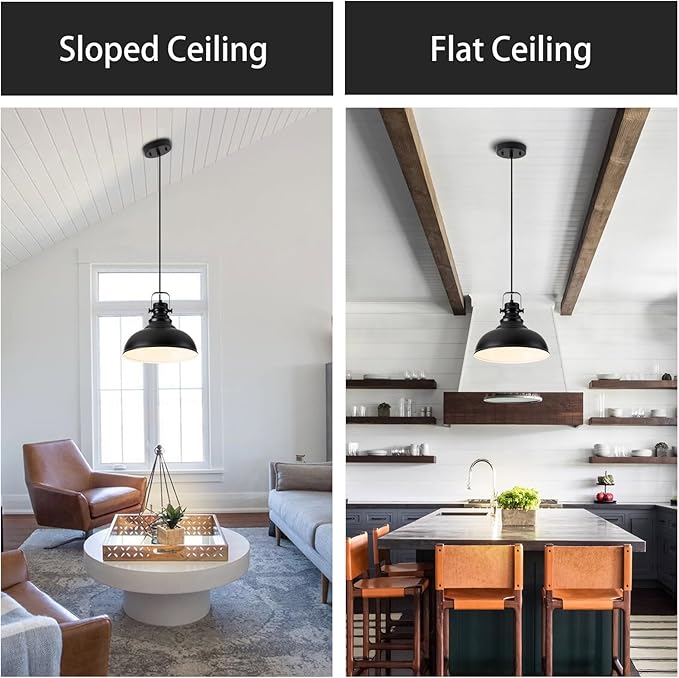 Industrial Pendant Light Fixture, Farmhouse Decor Adjustable Metal Hanging Lamp, Vintage Pendant Lighting for Kitchen Restaurant Dining Room Cafe, E26 Base Black (Black, 2 Pack)