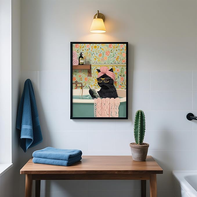 Framed Vintage Cat Canvas Wall Art, Funny Pink Animal Reading Books Painting Picture Print, Cute Kitten Lovers Aesthetic Wall Decor for Nursery Girls Room Bedroom Kids Room 24''L x 16''W