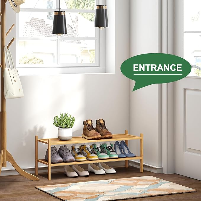 Long Shoe Rack, 2-Tier Bamboo Wood Shoe Rack, Stackable for Closet, Entryway & Hallway