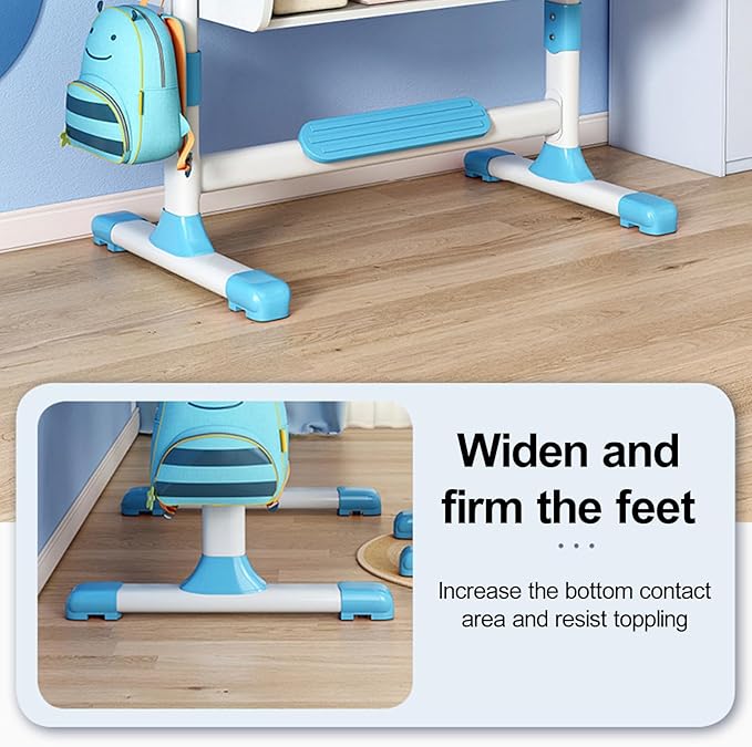 Kids Desk and Chair Set, Height Adjustable Child's School Study Writing Tables, Kids Desk with Bookstand and Storage Drawer, Widened Desktop with Desktop for Boys and Girls Blue
