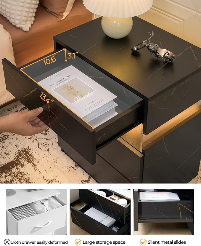 Bingoday LED Nightstands Set of 2 with 3 Drawers LED Bedside Tables Modern Night Stand with Acrylic Board Night Stand Set 2 for Bedroom
