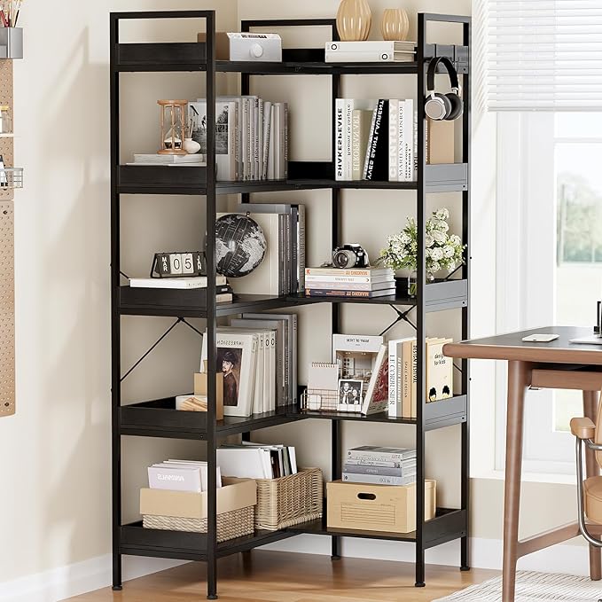 KOUSEI 5-Tier L-Shaped Reversible Corner Bookshelf, 65" Black Industrial Wood & Metal Bookcase, Wide Open Shelves + 4 Hooks for Living Room/Bedroom/Home Office