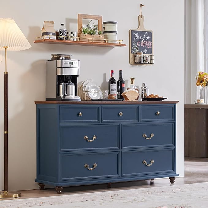 Farmhouse 7 Drawers Dresser for Bedroom, Navy Blue 54 Inch Wide Chest of Drawers w/ 4 Wooden Legs, Large Vintage Rustic Closet Dressers for Living Room, Wood TV Stand with Storage Organizer