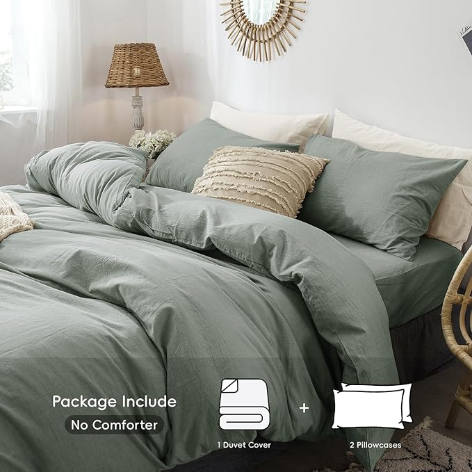 MooMee Bedding Duvet Cover Set 100% Washed Cotton Linen Like Textured Breathable Durable Soft Comfy (Heathered Green, King 104"x90")