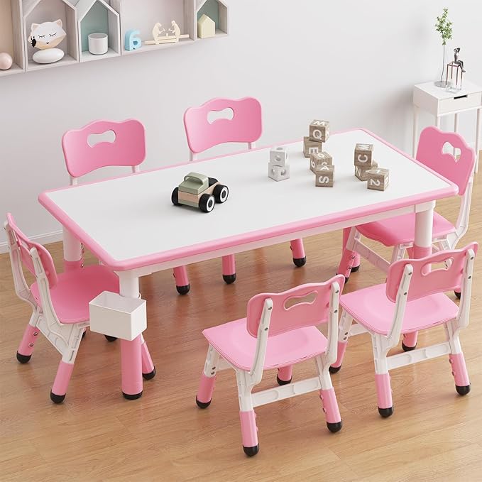 GAOMON Kids Table and 6 Chair Set with Storage Box, Height Adjustable Toddler Table and Chairs Set for Ages 2-10, Graffiti Desktop, Non-Slip Legs, Children Activity Table for Daycare Classroom Home