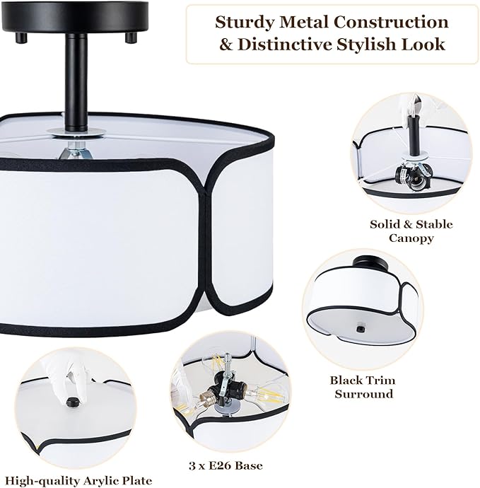 12.6" Semi Flush Mount Ceiling Light - 3 Light Drum Light Fixture with Black Border Fabric Shade, Modern Close to Ceiling Light for Dining Room Bedroom Kitchen Hallway Entryway, 2 Pack