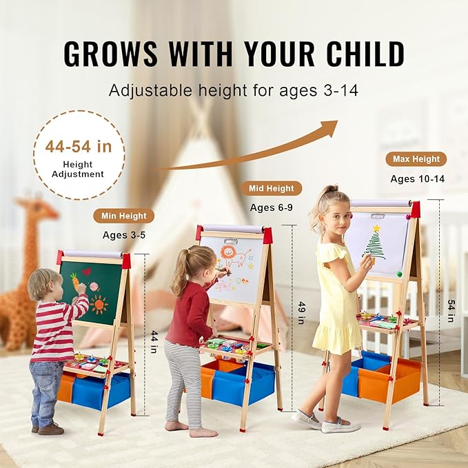 VEVOR Art Easel for Kids, 3-in-1 Wooden Double-Sided Kid's Art Easel with Magnetic Whiteboard, Chalkboard, Paper Roll, Adjustable Standing Drawing Board with Painting Accessories, Storage for Boy Girl