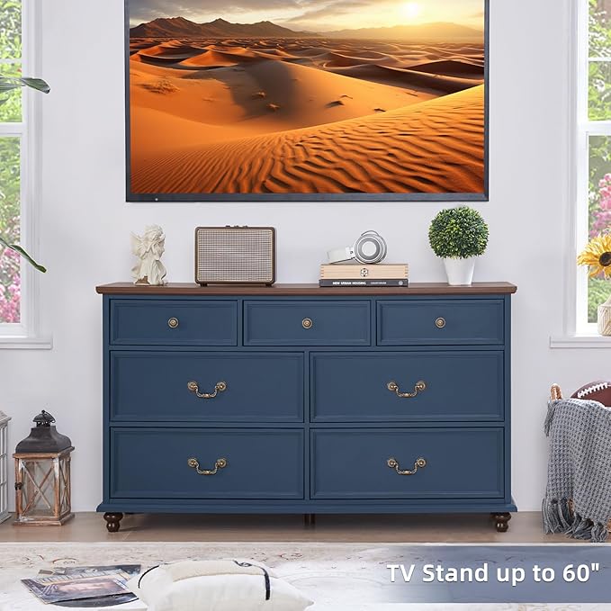 Farmhouse 7 Drawers Dresser for Bedroom, Navy Blue 54 Inch Wide Chest of Drawers w/ 4 Wooden Legs, Large Vintage Rustic Closet Dressers for Living Room, Wood TV Stand with Storage Organizer