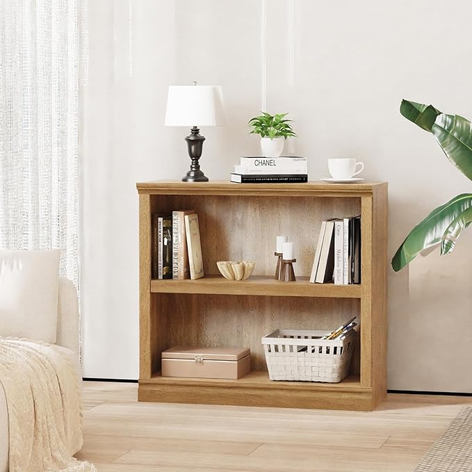 blini 2-Shelf Bookcase Wooden Bookshelves 33in Wide Floor Standing Display Storage Shelves Oak Bookcase for Home Office, Living Room, Bed Room