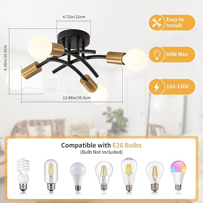 WILON Semi Flush Mount Ceiling Light Fixture, Modern Flush Mount Ceiling Lights, Black Gold 4-Light Sputnik Ceiling Light Fixture with E26 Bulb Base for Hallway Farmhouse Kitchen Bedroom