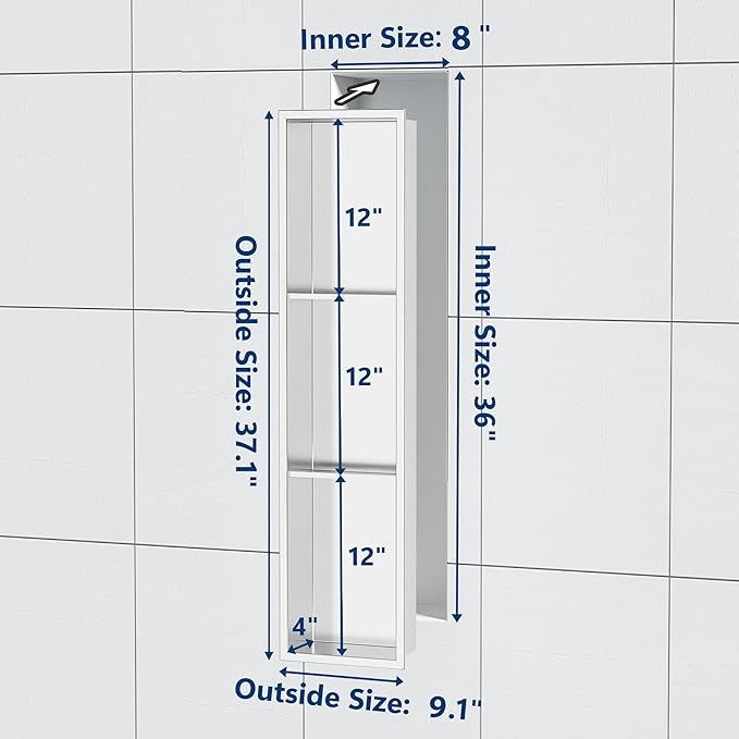 Stainless Steel Shower Niche 8" X 36", No Tile Needed Wall Niche Three-Tier, Recessed Shower Shelf for Bathroom Storage, Brushed Nickel