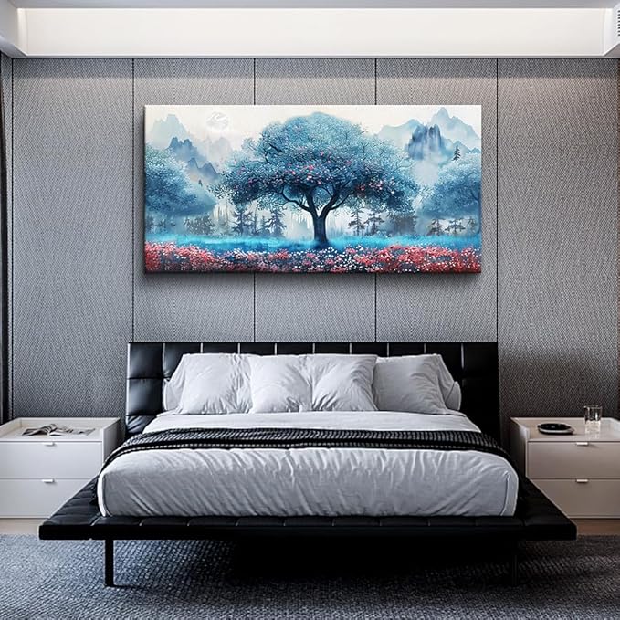 MHARTK66 Blue Tree Landscape Wall Paintings Large Wall Art For Bedroom Canvas Wall Decor For Living Room Office Decorations Farmhouse Pictures Artwork Ready To Hang Posters Home Decor 60"X30"