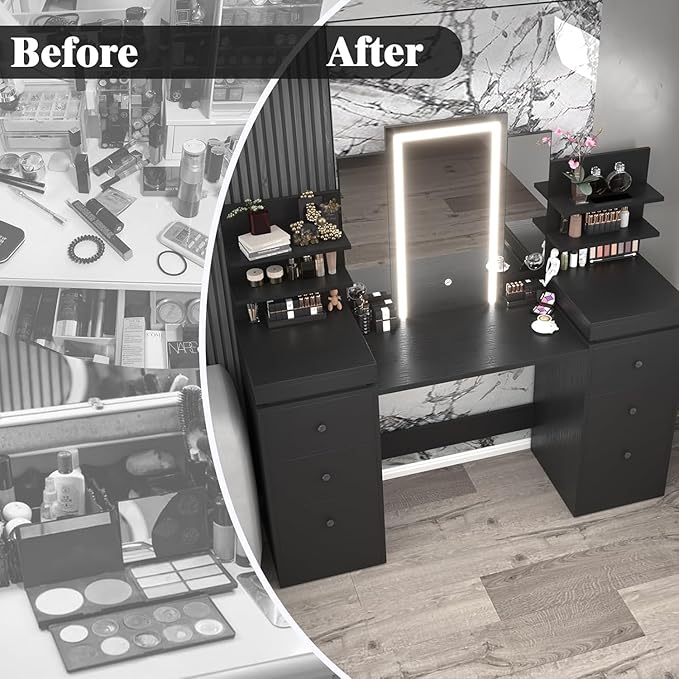 57.1" W Vanity Makeup Table with Lighted Mirror Table with Tri-Folding Mirror, 8 Drawers, 3 Light Modes, Open Storage Shelves, Vanity Table as Gifts for Girls/Women Vanity Must Haves