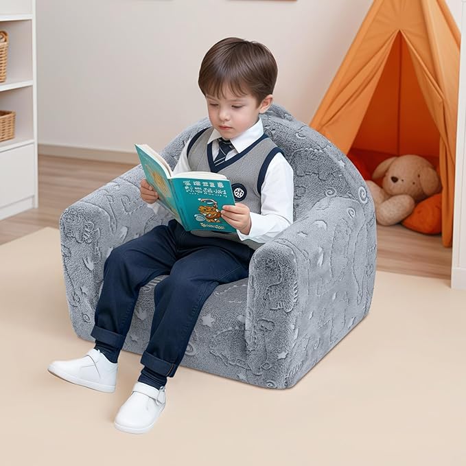 MeMoreCool Folding Toddler Chair, Comfy Plush Fold Out Kids Couch Sofa, Convertible Kid Sofa Bed, Flip Out Baby Recliner Foldable Children Sofa for Toddlers 1-4 Girls Boys, Dinosaur