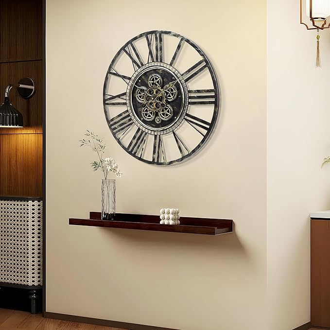 Moving Gear Large Wall Clock 24inch/60cm Bronze, Decorative Wall Clocks for Living Room, Unique Farmhouse Steampunk Metal Wall Clock Decor, Office Wall Clocks
