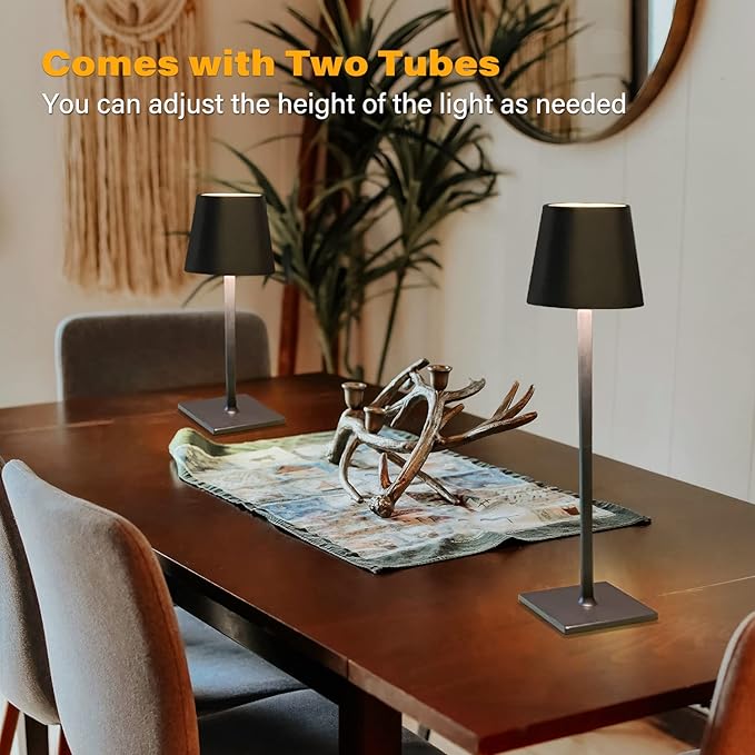 Cordless Table Lamps, 3 Colors Stepless Dimming, 5000mAh Rechargeable Battery LED Desk Lamp for Bedroom/Couple Dinner/Desk/Cafe/Dining Room/Terrace (Black 1 Pack)