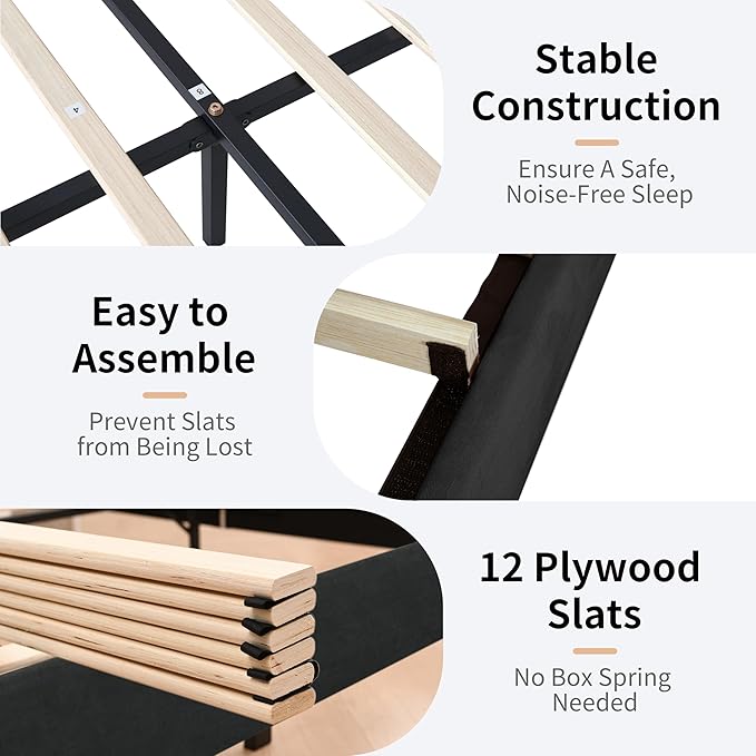 King Size Upholstered Platform Bed Frame with Modern Wingback & Vertical Panel Headboard, Linen Fabric, Wooden Legs & Slats Support, No Box Spring Needed, Noise-Free & Easy Assembly, Black