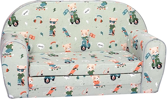 Delsit Toddler Couch & Kids Sofa - Skater Bear, Cotton Fabric, 30"W x 14"D x 17"H, Machine Washable Slipcover