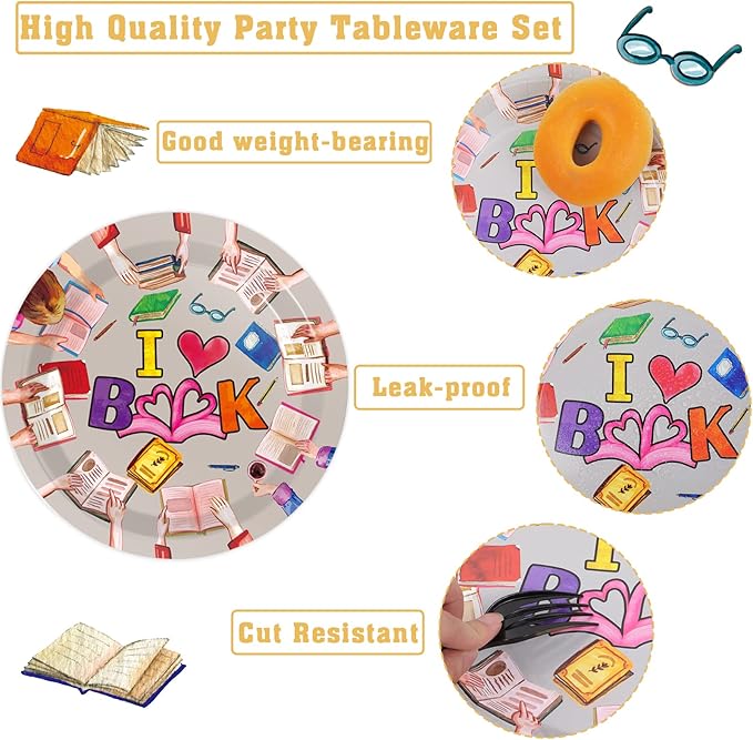 Wiooffen 96 Pcs Book Club Birthday Party Plates Napkins Tableware Set Book Themed Party Supplies Disposable Dinnerware Books Decoration Favors for Library Reading Party Table Decor, 24 Guests