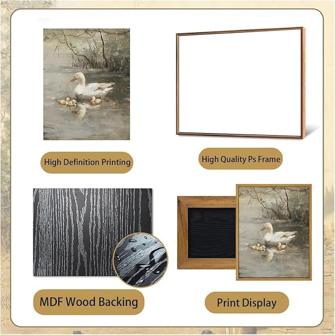 Djmwtb Vintage Framed Wall Art Duck Canvas Wall Art Prints Rustic Nature Paintings Pictures Wall Decor Artwork for Living Room Bedroom Bathroom Office 16x24in