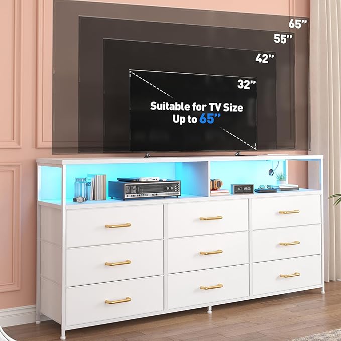 55” W White Dresser for Bedroom with Charging Station & LED, 65" TV Stand for Bedroom with 9 Fabric Drawers, Sturdy Chest of Drawers with Open Storage Shelves for Closet, 55.12" Wx11.81 Dx35.43 H