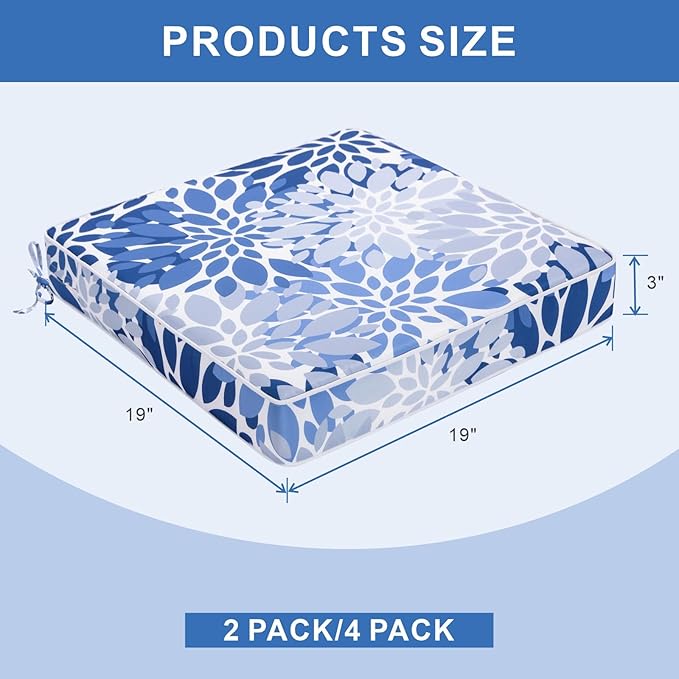 Outdoor Chair Cushions 19 x 19 Inch Set of 4 Water Resistant Seat Cushions with Ties, Outdoor Cushions for Patio Furniture with 3-Year Fade Resistant